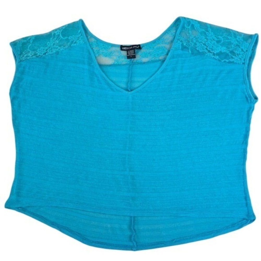 American Dream Womens Size L Teal Blue Lace Yoke V-Neck Burnout Stripe Top